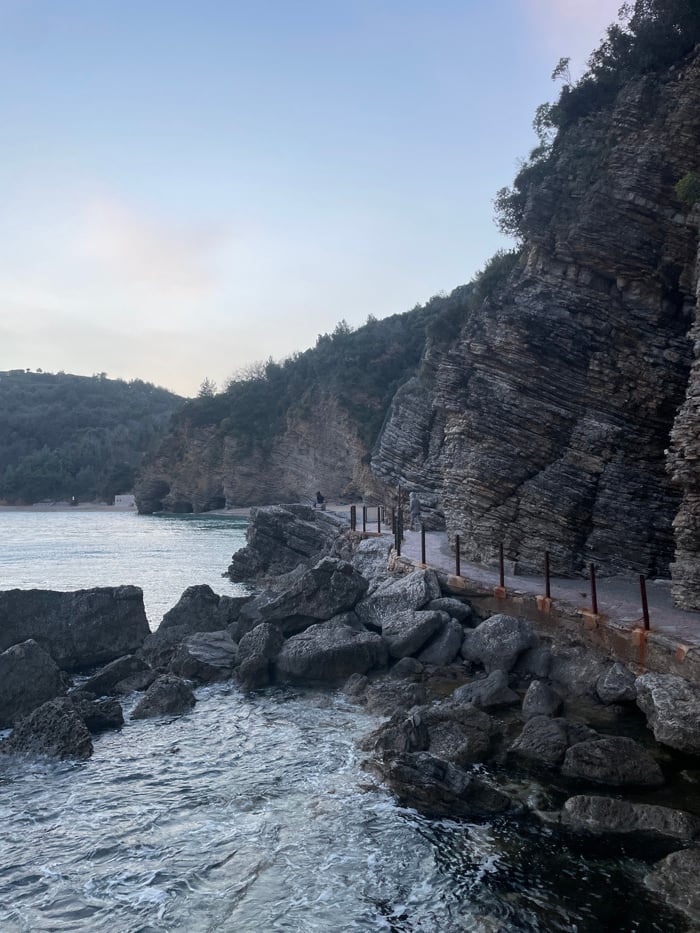 Tourist documents hour-long coastal walk through historic Budva, Montenegro