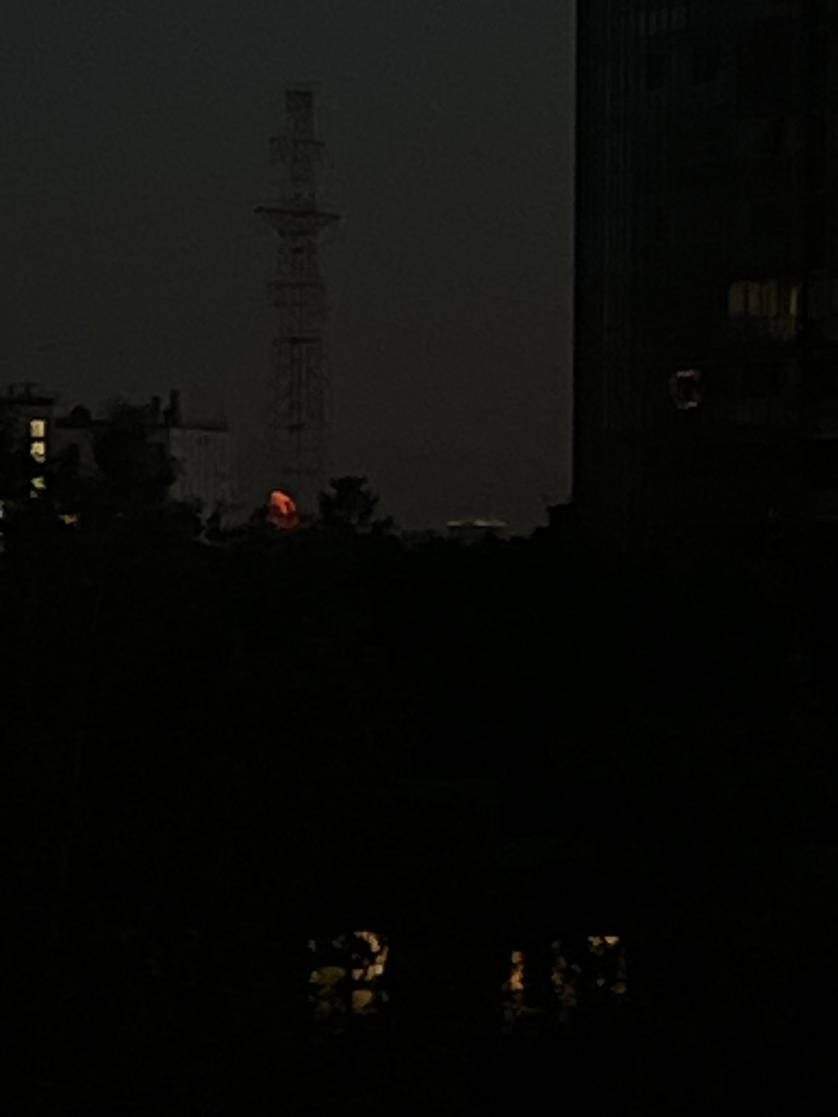 Shushary skyline at dusk, radio tower and apartment blocks
