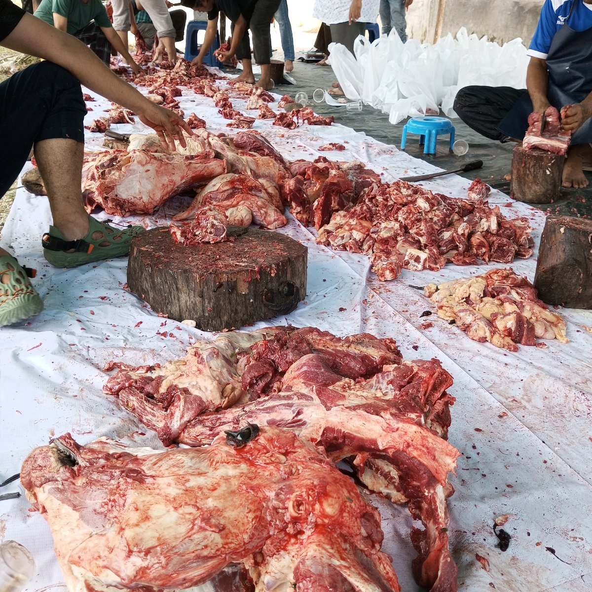 Early morning meat processing operation documented in Lhokseumawe, Indonesia