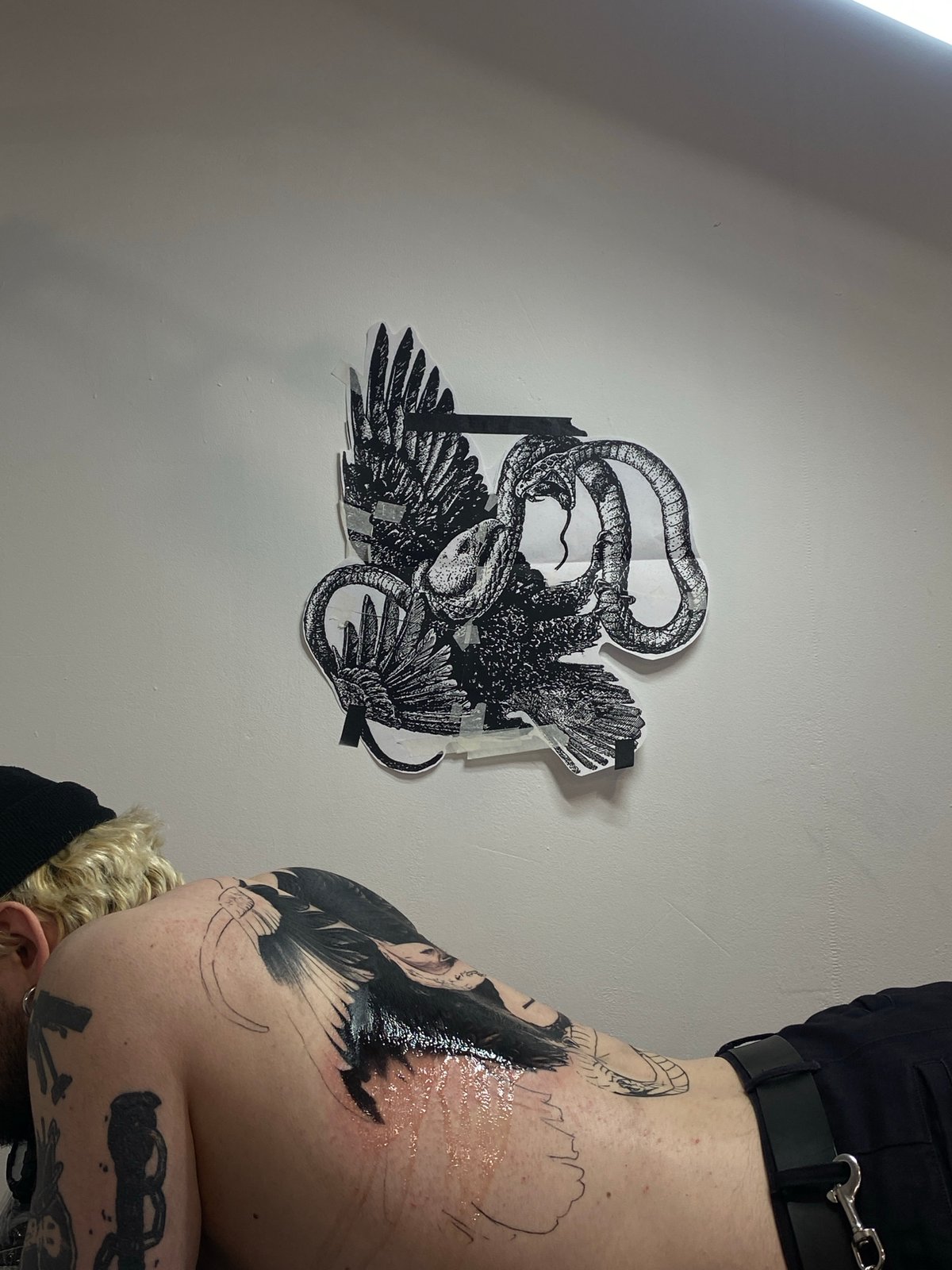 Tattoo session in progress featuring snake and bird design