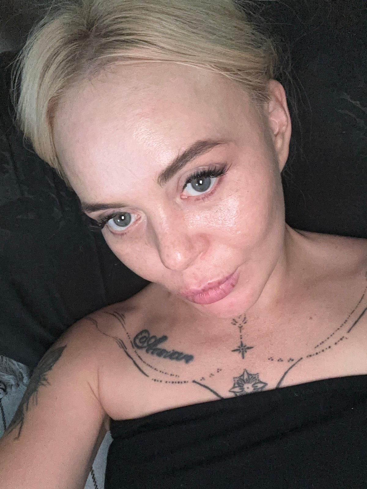 Blonde woman photographed in multiple close-up shots indoors