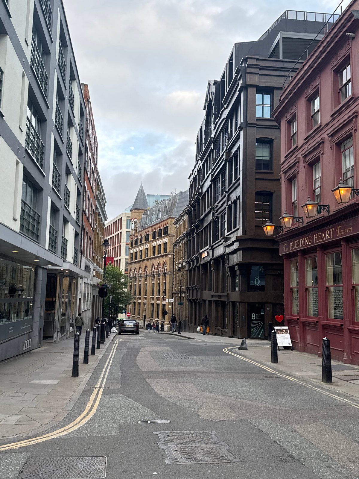 London street scene captured under overcast evening sky