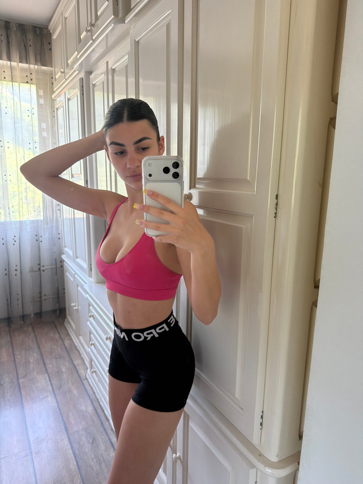 Woman takes morning workout selfies in Gabrovo, Bulgaria