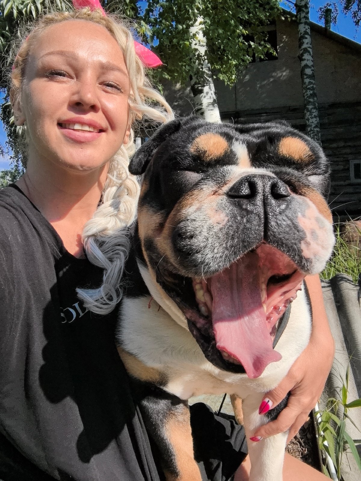 Outdoor selfie session with an English bulldog in Noviy, Russia