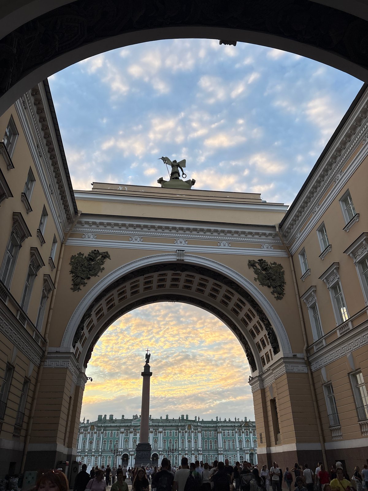 Palace Square at golden hour, landmarks and street life
