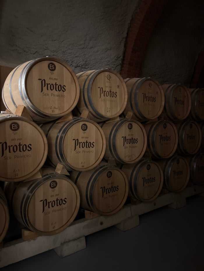 Visitor documents evening tour of historic Protos winery in Peñafiel