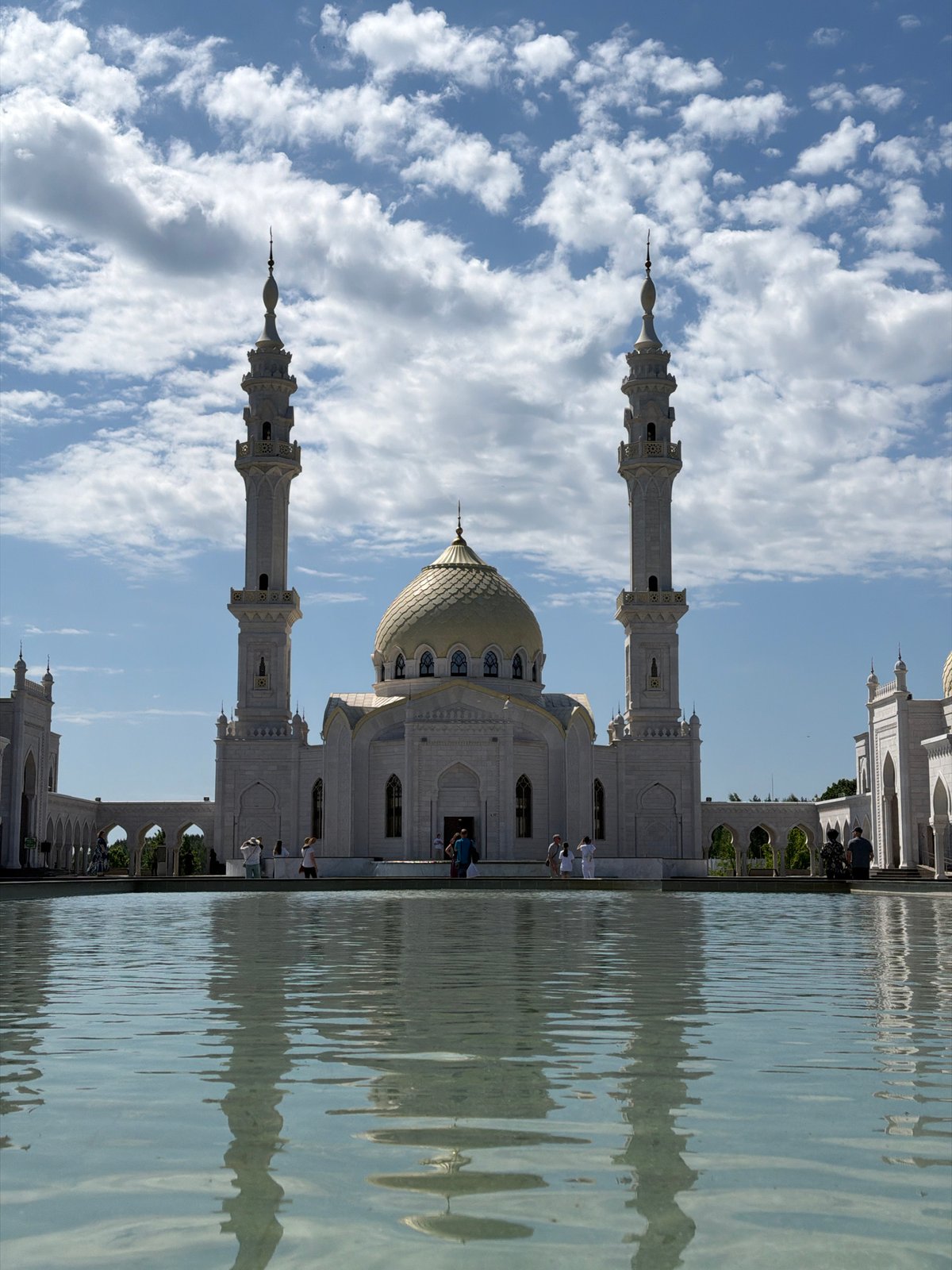 Morning visitors gather at White Mosque in Bolgar, Russia