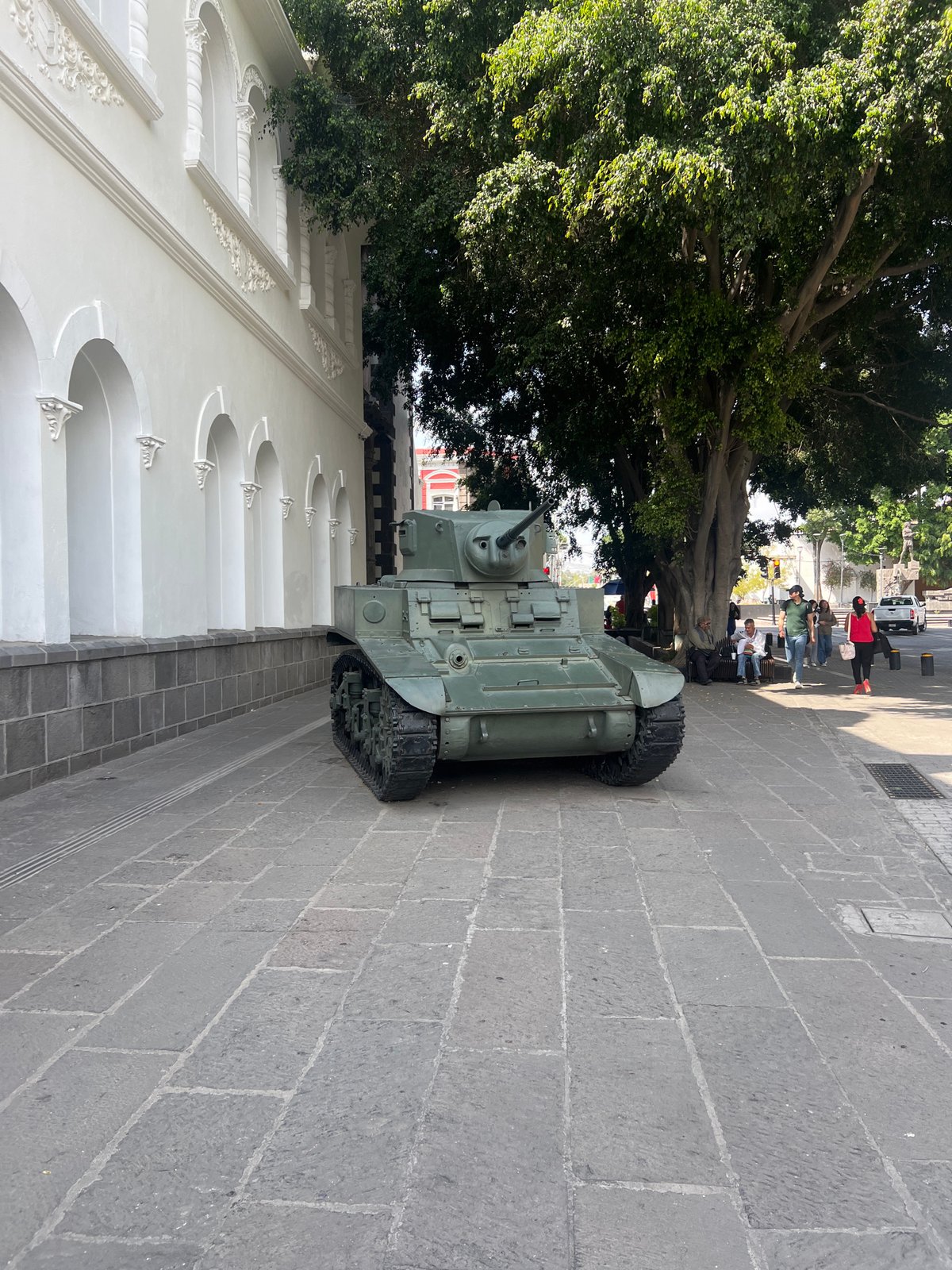 WWII tank spotted on stone street in Puebla, Mexico