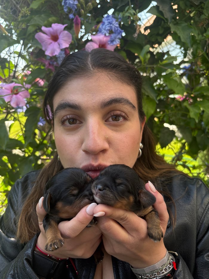 Woman poses with sleeping puppies in Puebla City garden