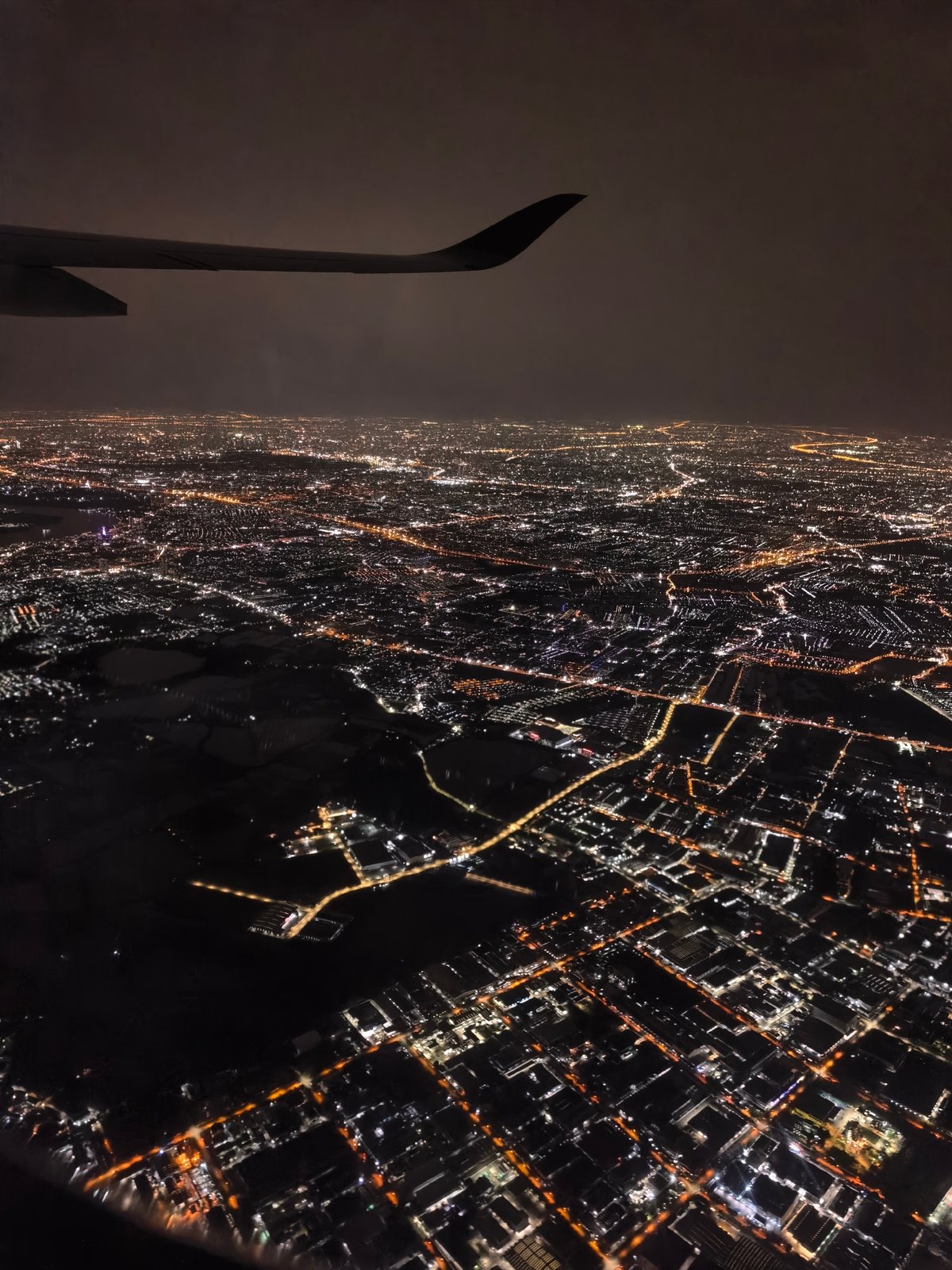 City lights sprawl endlessly below a late-night flight