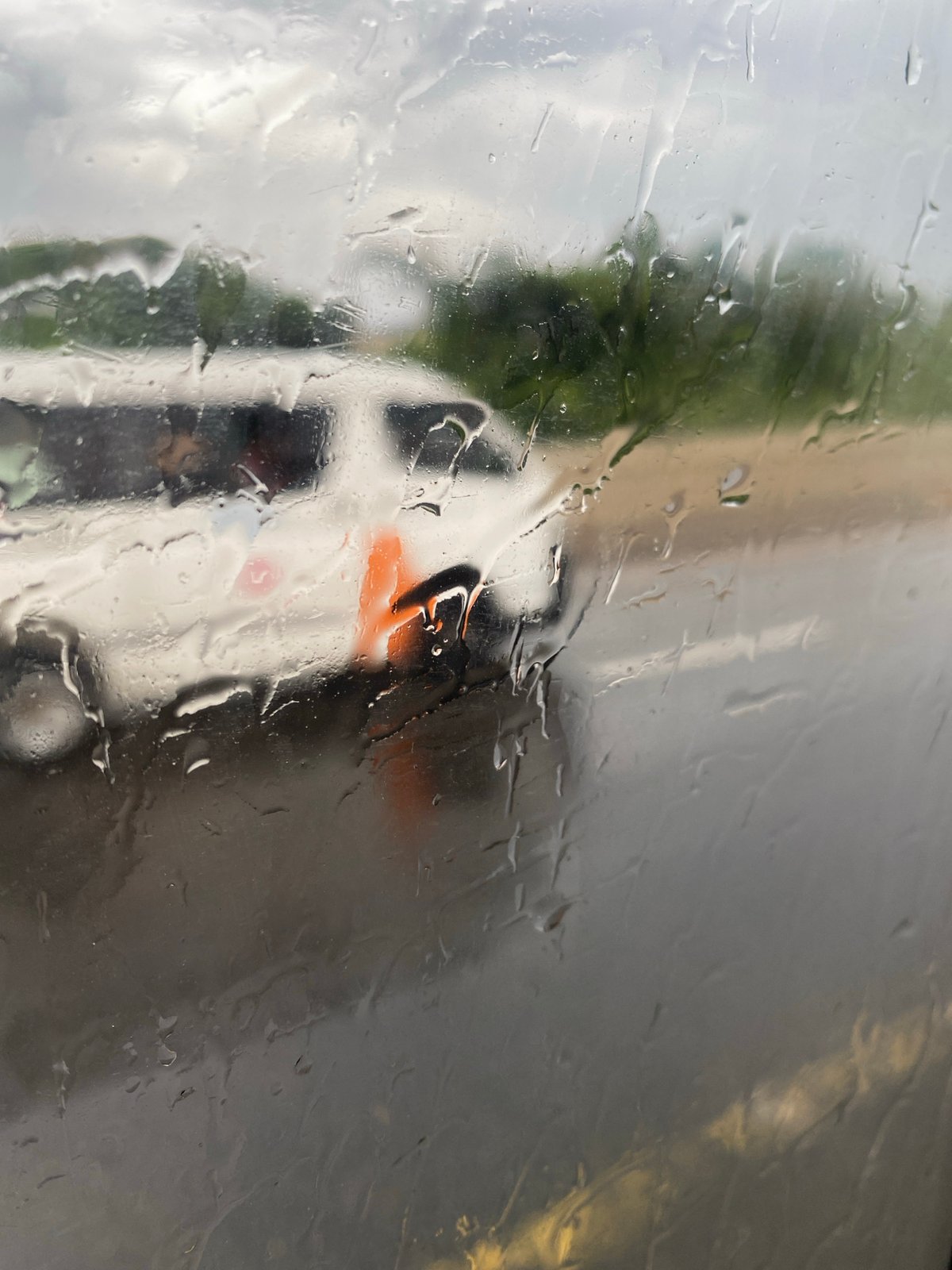 Rainy window view captures blurred street scene with greenery