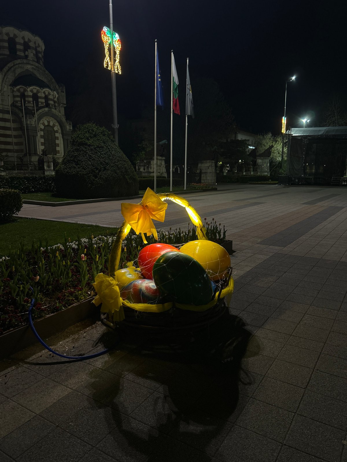 Easter decorations displayed at night in Pleven, Bulgaria