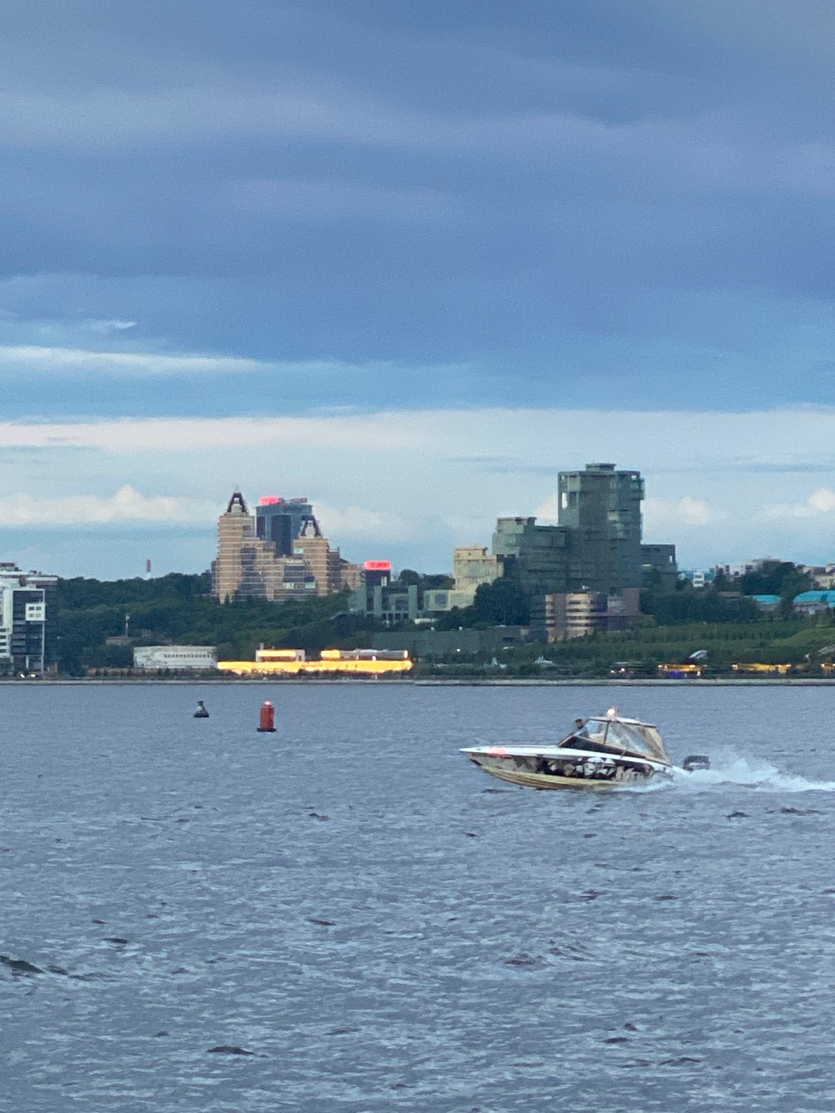 Twilight skyline view captured over Kazan waterway