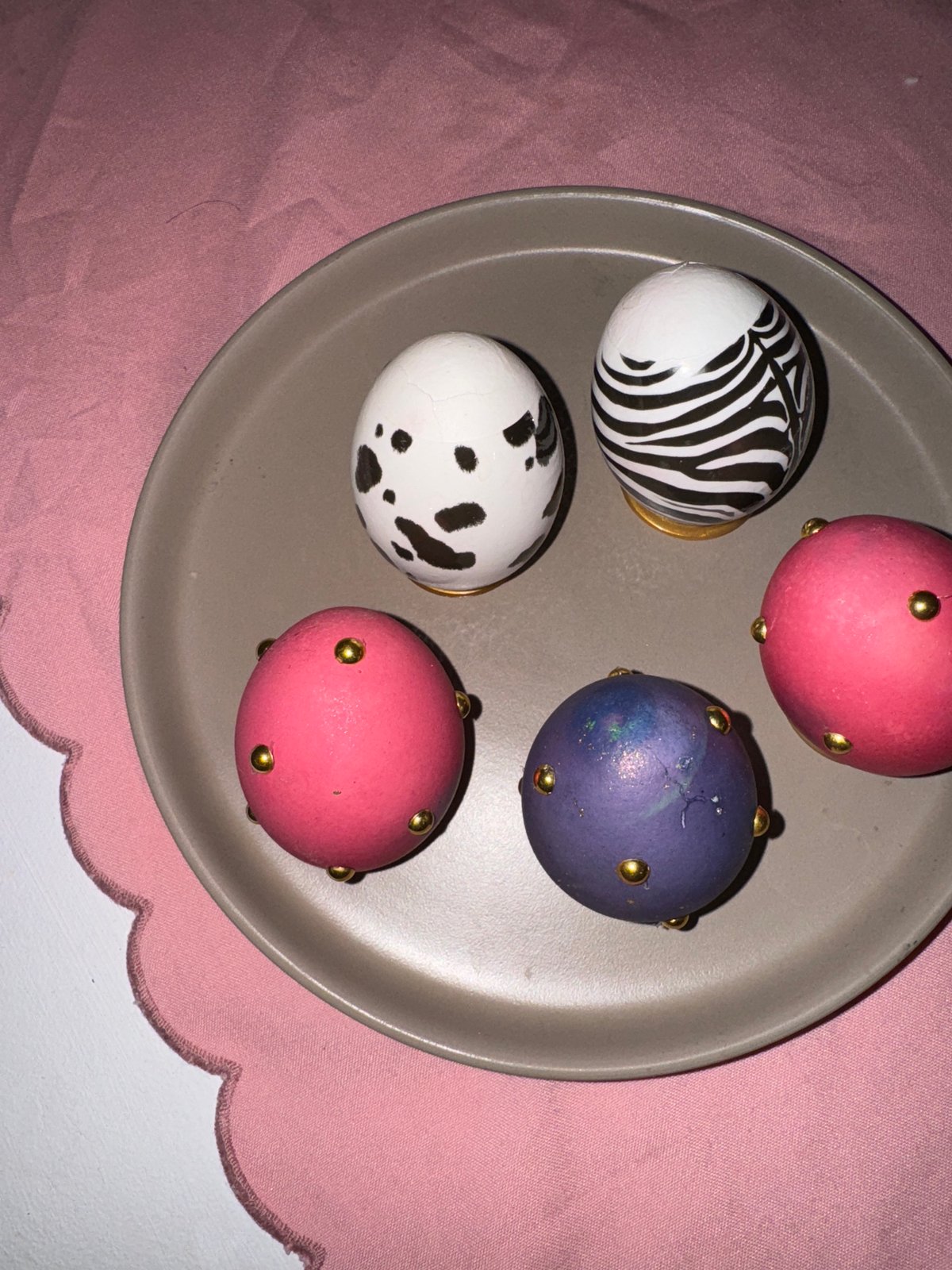 Decorated eggs with patterns displayed on plate in Krasnoyarsk
