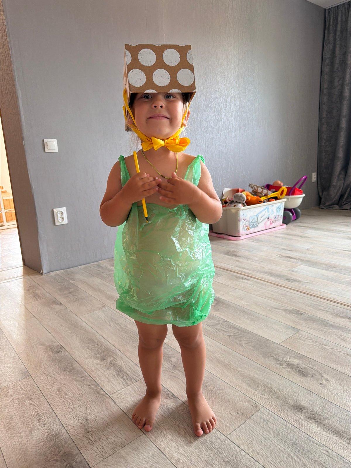 Homemade costume from plastic bag and cardboard box, Chaikovsky