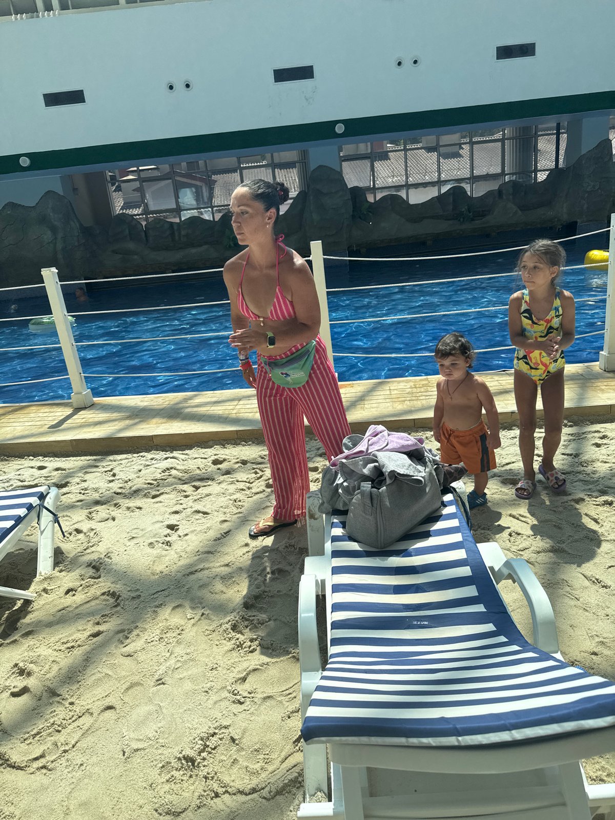 Inside a large indoor beach and water park resort in Estosadok