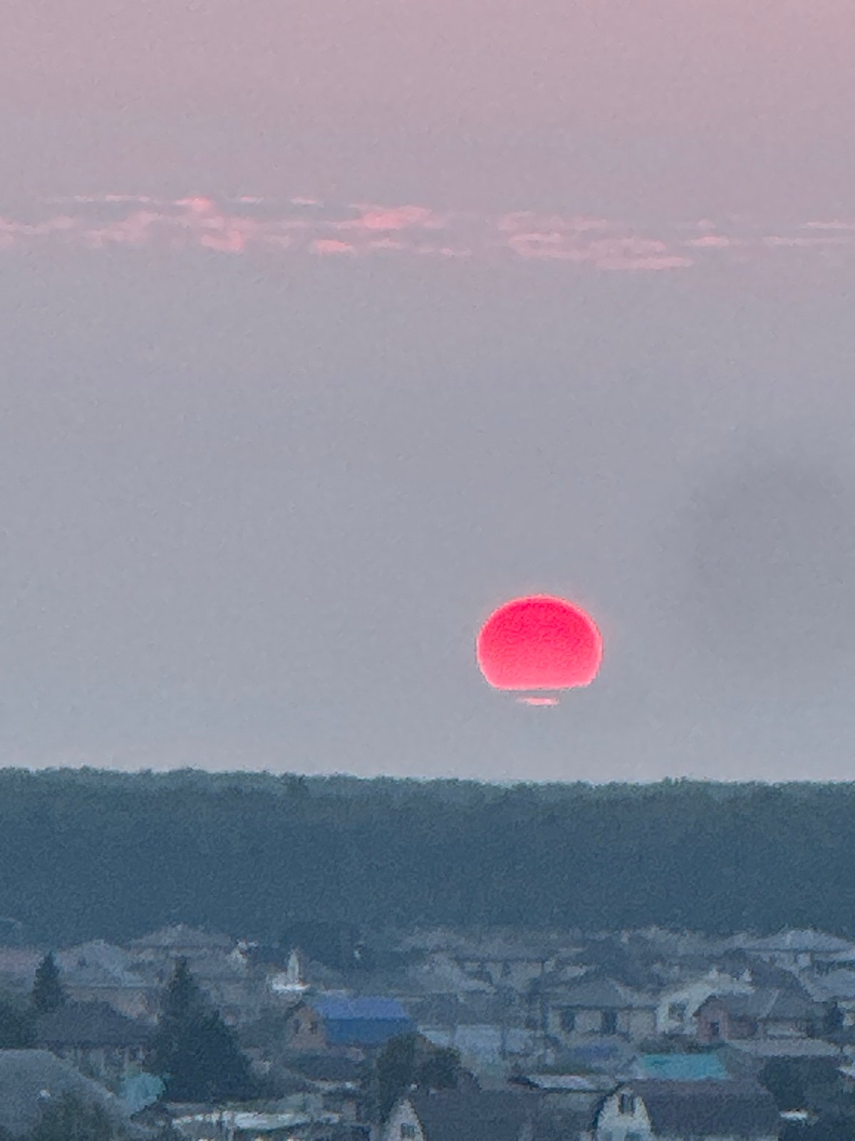 Red sun hovers low over a suburban landscape at golden hour