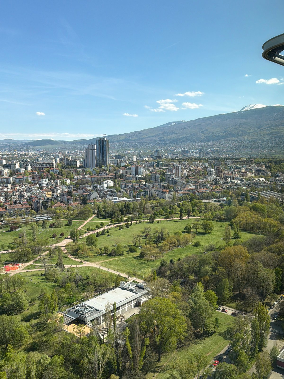 Aerial view captures Sofia cityscape near Vitosha Mountain
