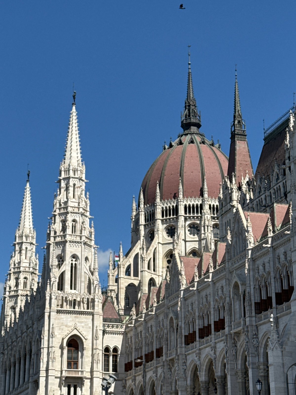 Tourist photographs Hungarian Parliament Building under clear Budapest skies