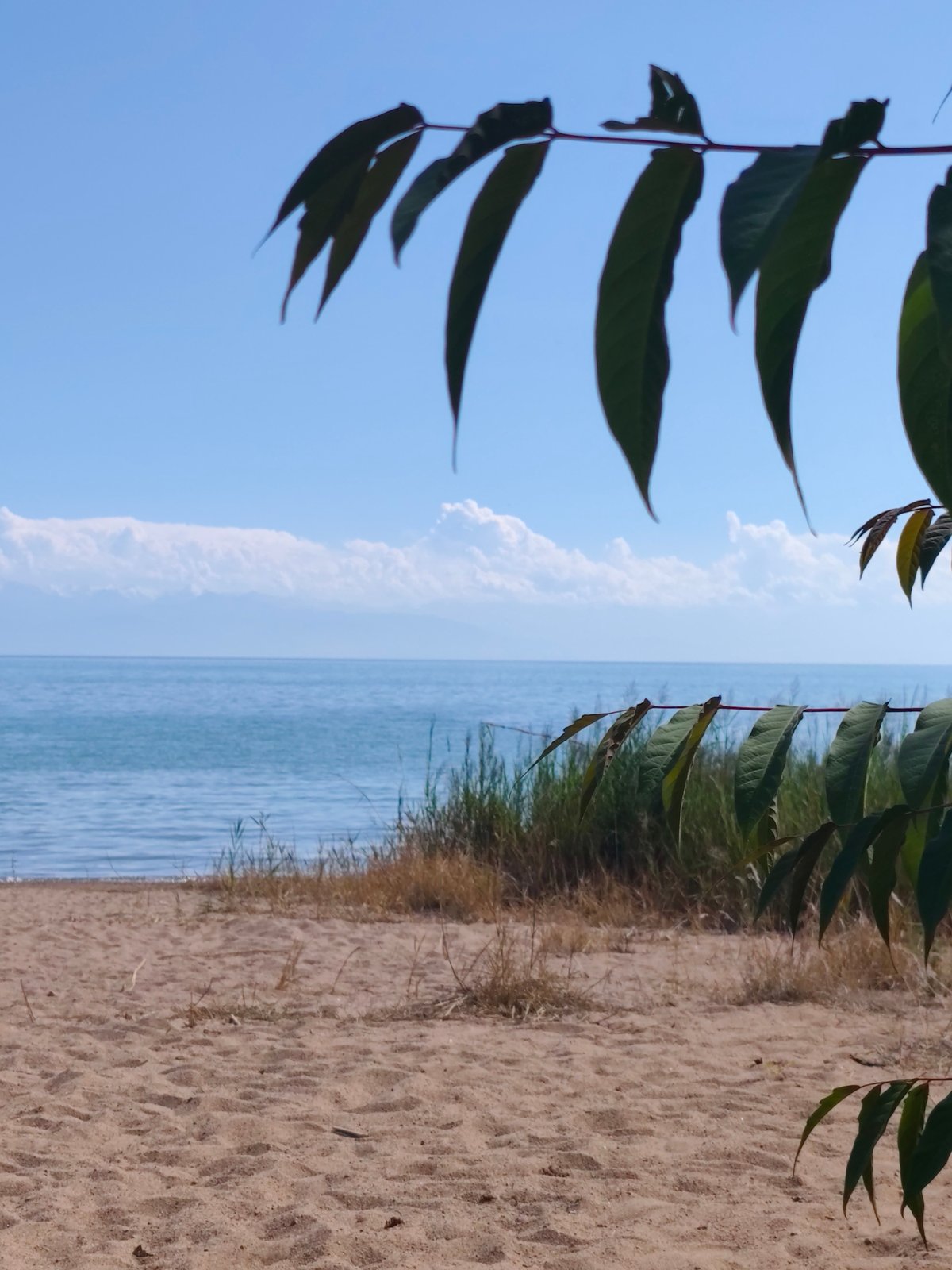 Quiet sandy shore on Issyk-Kul Lake, Kyrgyzstan