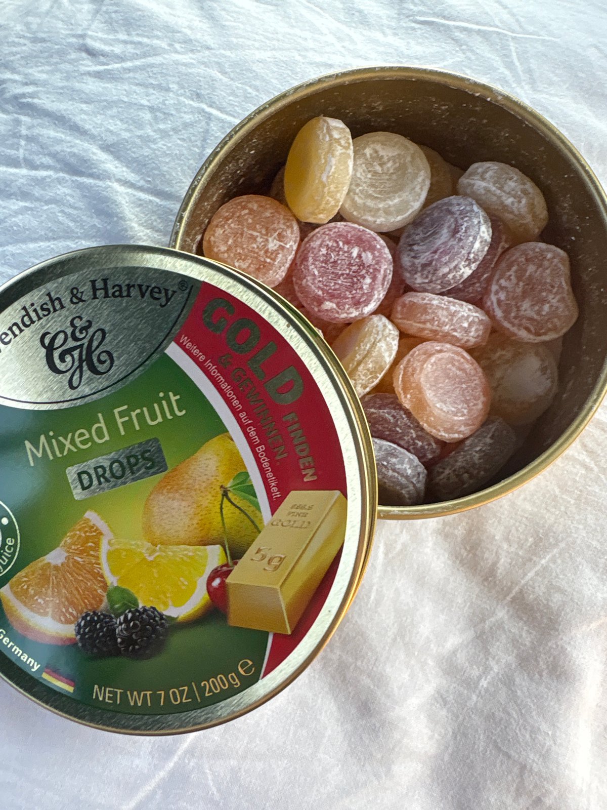 Cavendish & Harvey fruit drop tin, open and colorful