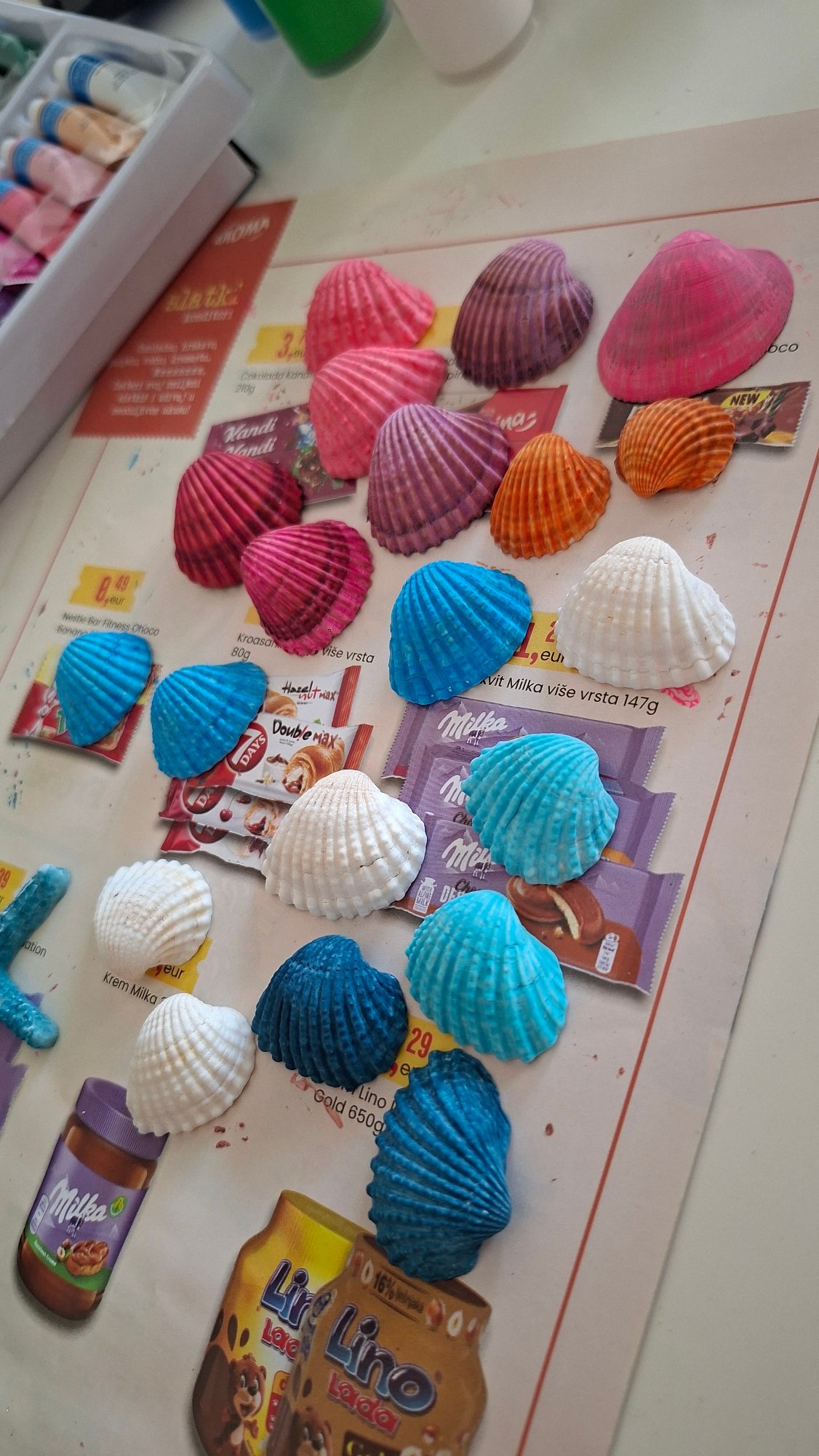 Art supplies and seashells arranged on a Podgorica tabletop