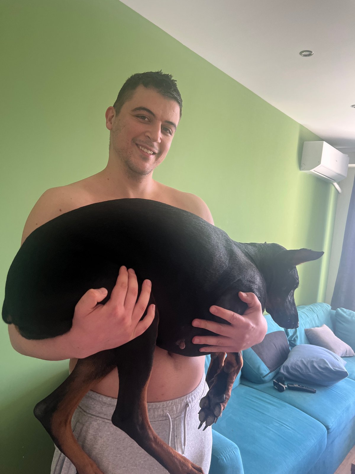 Person examines Doberman's mouth in Sofia