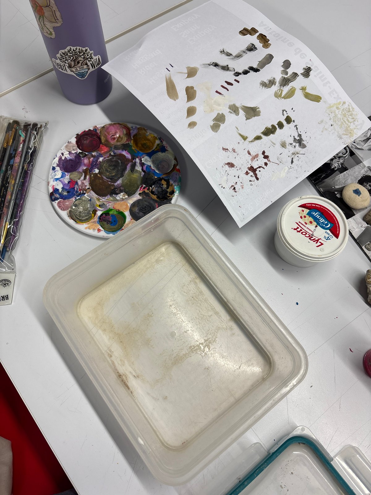 Artist workspace with paints and mineral collection documented Mexico City