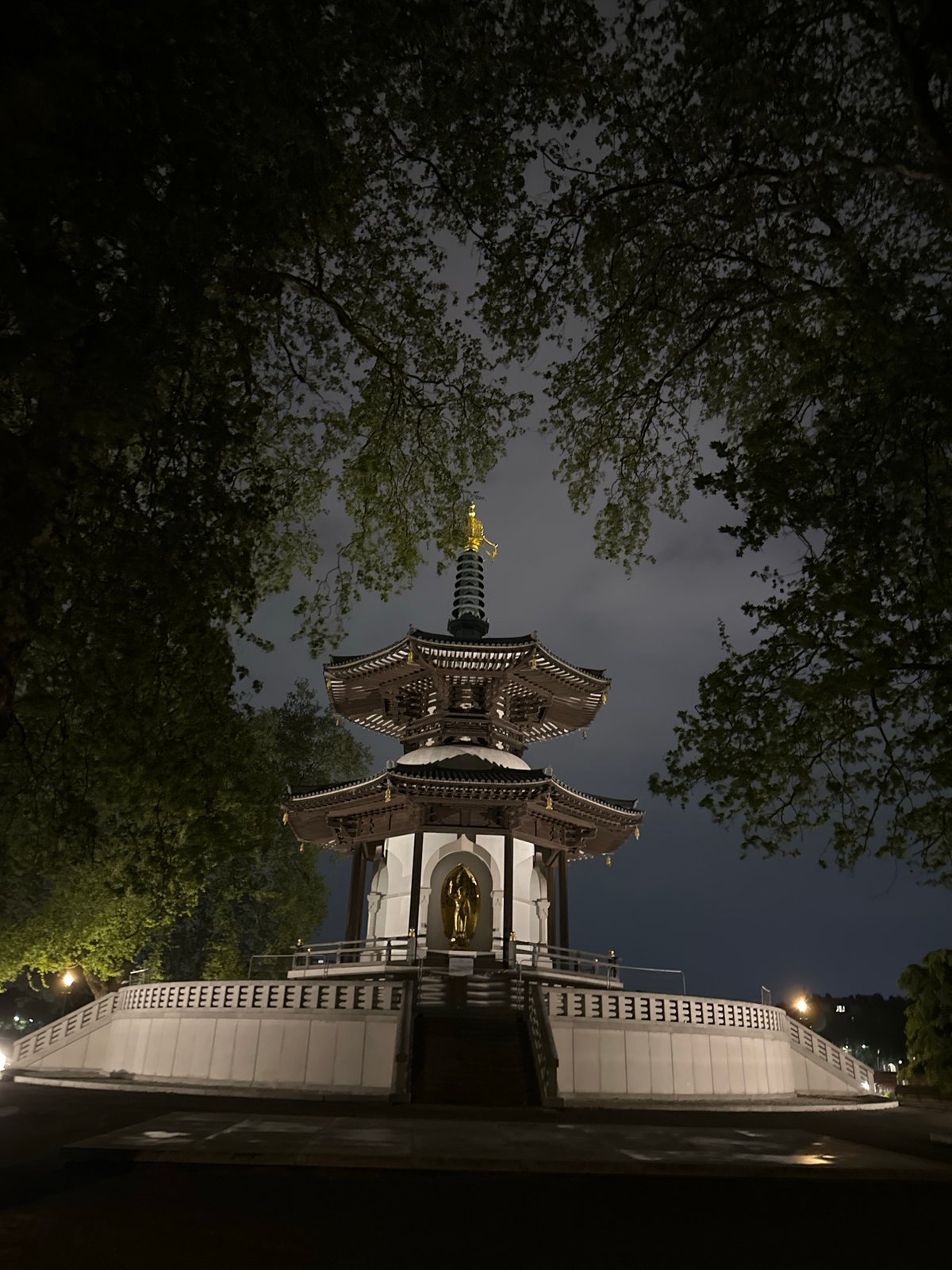 Buddhist peace pagoda photographed at night in London