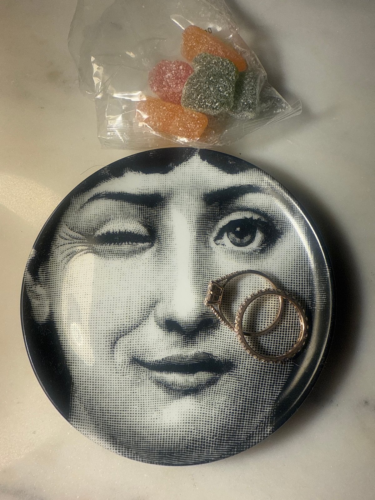 Candy arrangement photographed on marble surface in Portugal