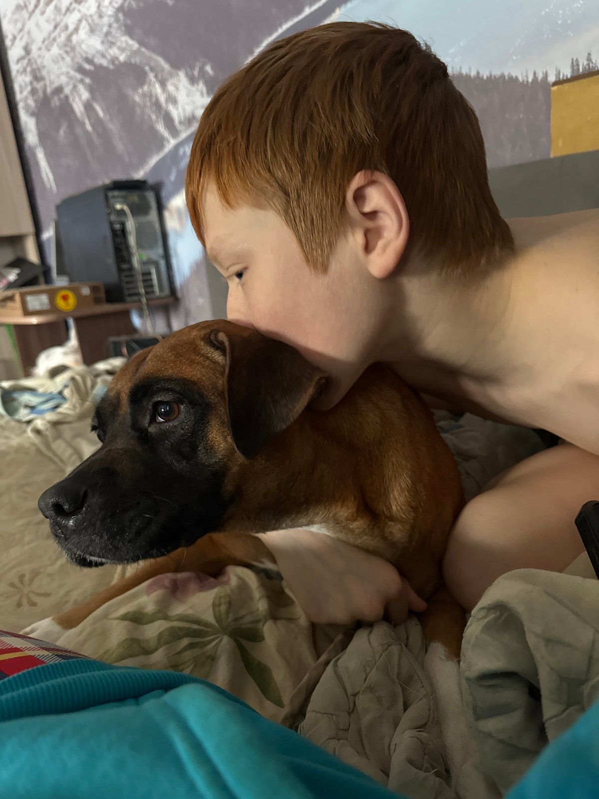 Child and dog share quiet morning moments in Russian home