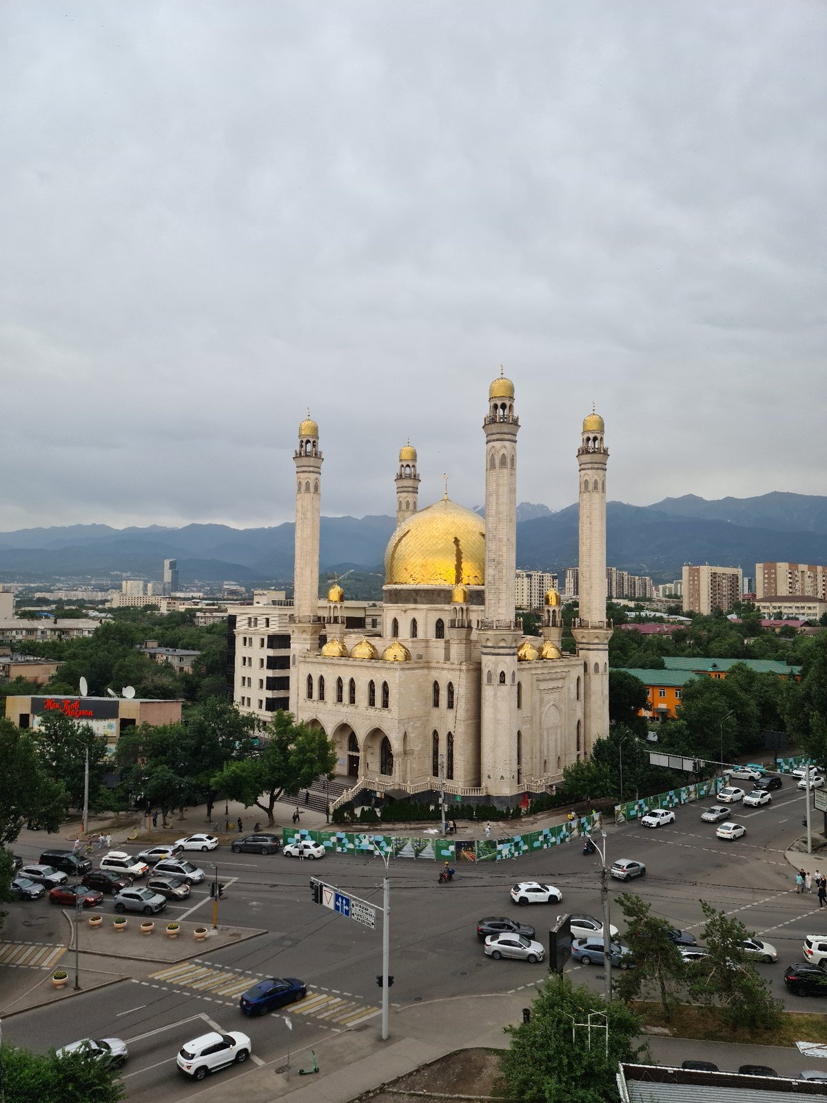 Almaty's Central Mosque seen from above on a cloudy day