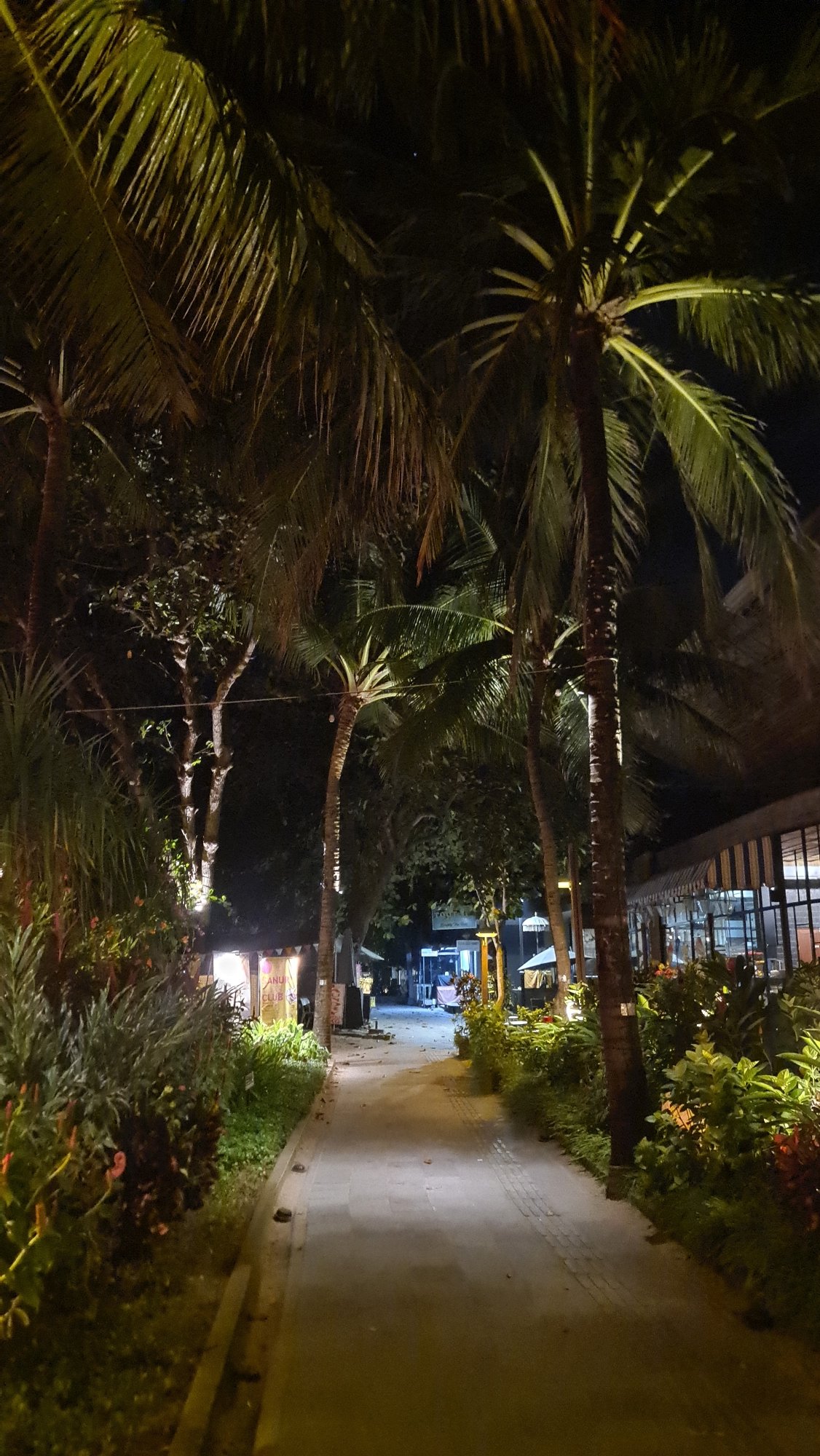 Decorated beachside walkway lit up at night in Denpasar