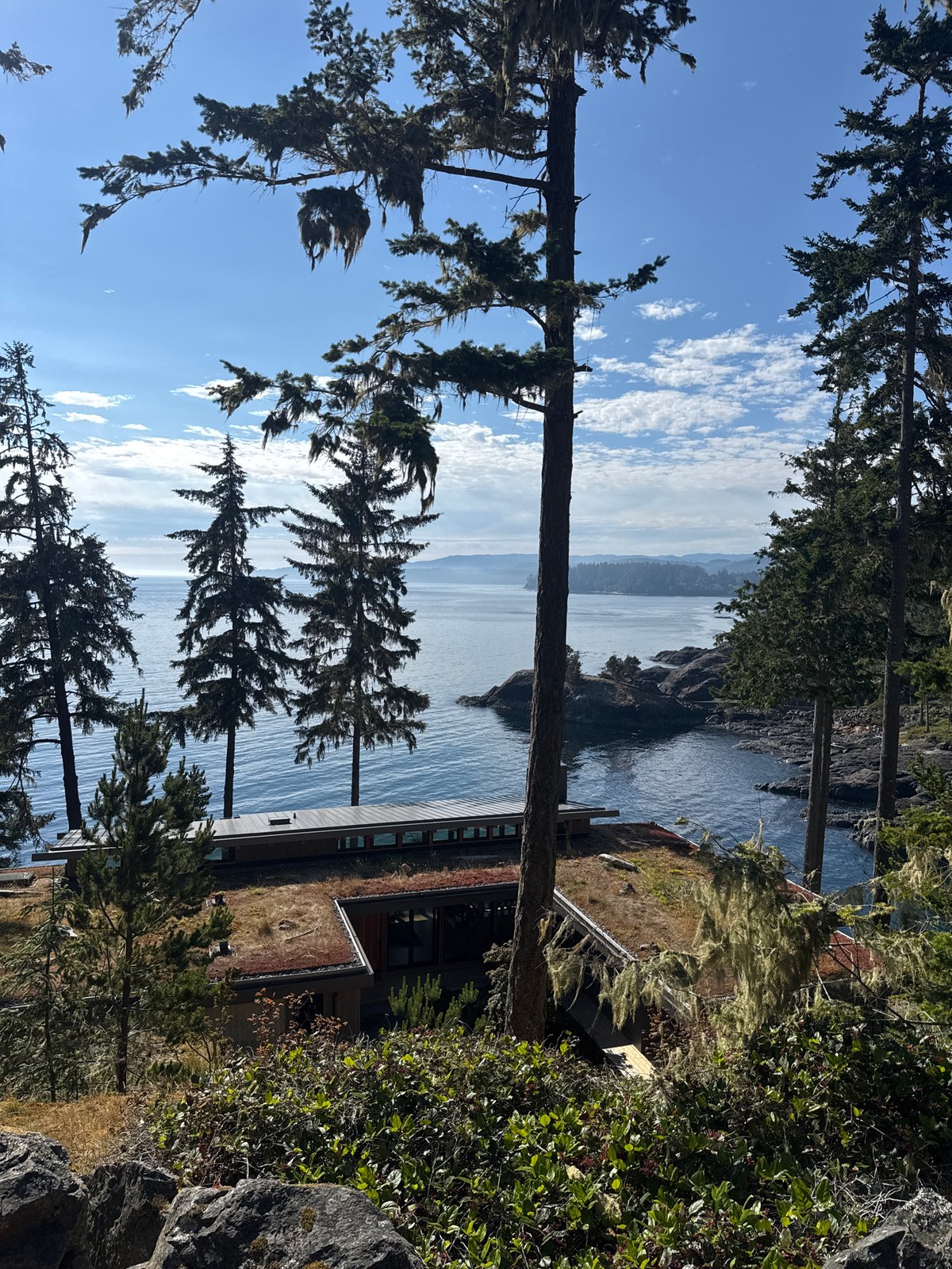 Elevated coastal view over calm water near Sooke, BC