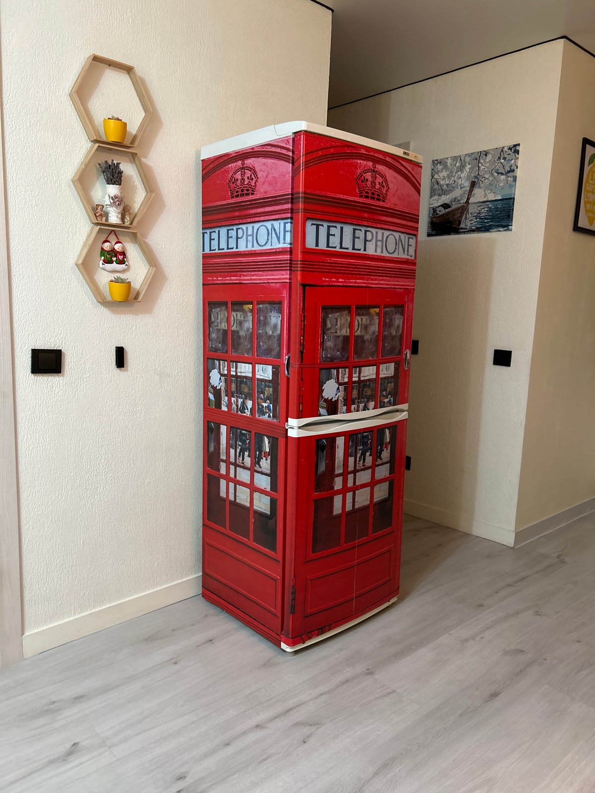 Inside a Bălți home: kitchen, living room, bathroom, and a novelty fridge