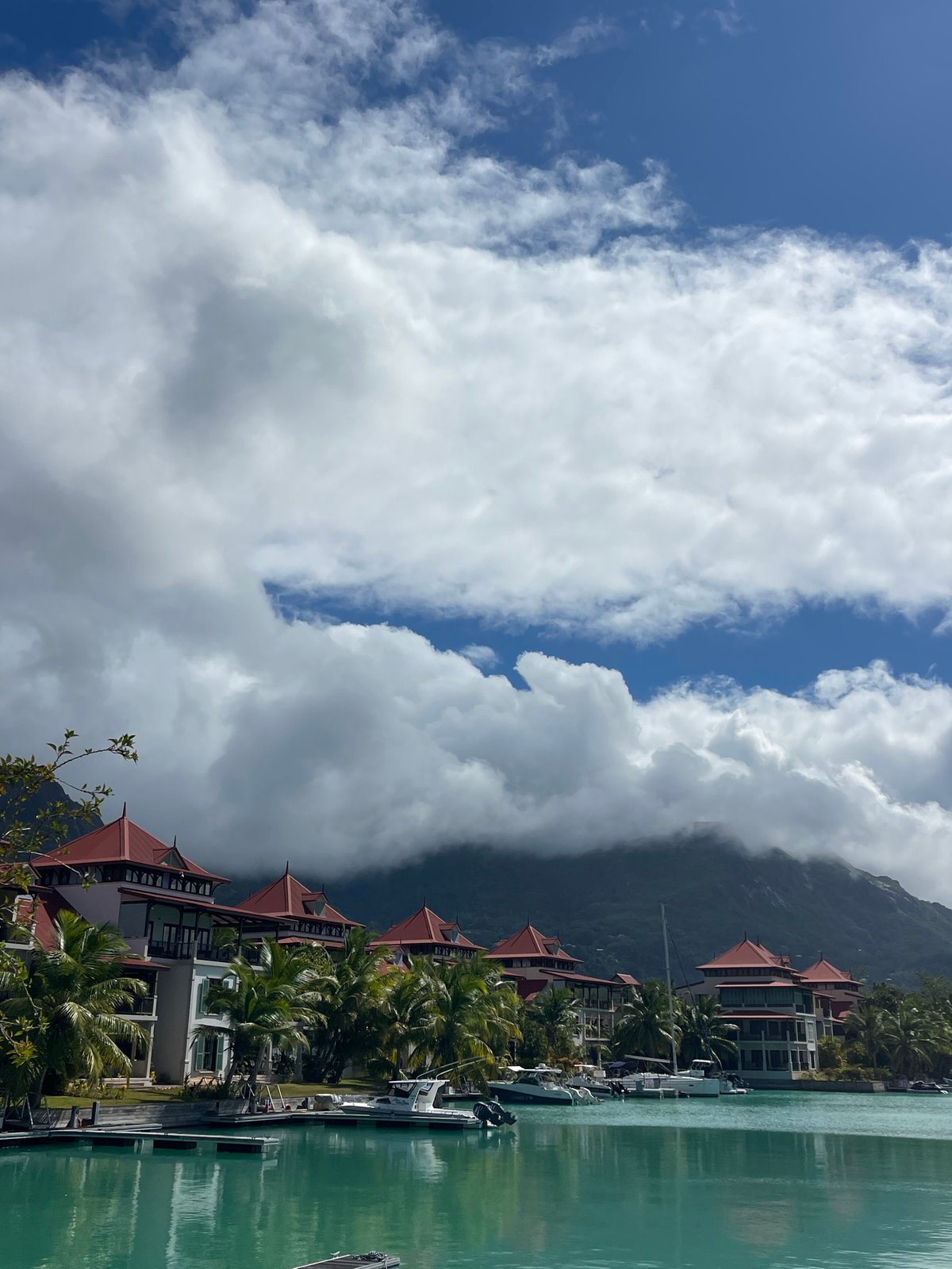 Luxury resort and marina along calm waters in Providence, Seychelles