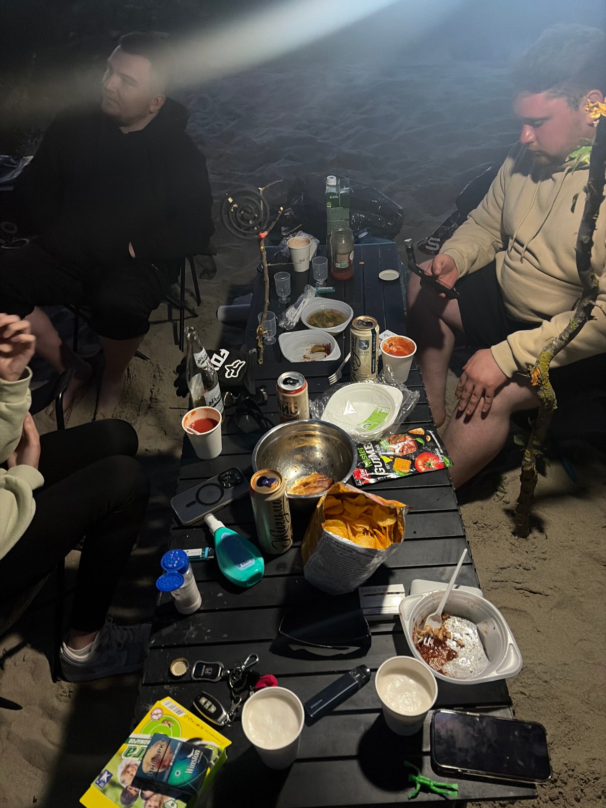 Late-night gathering on a sandy beach near Поваровка