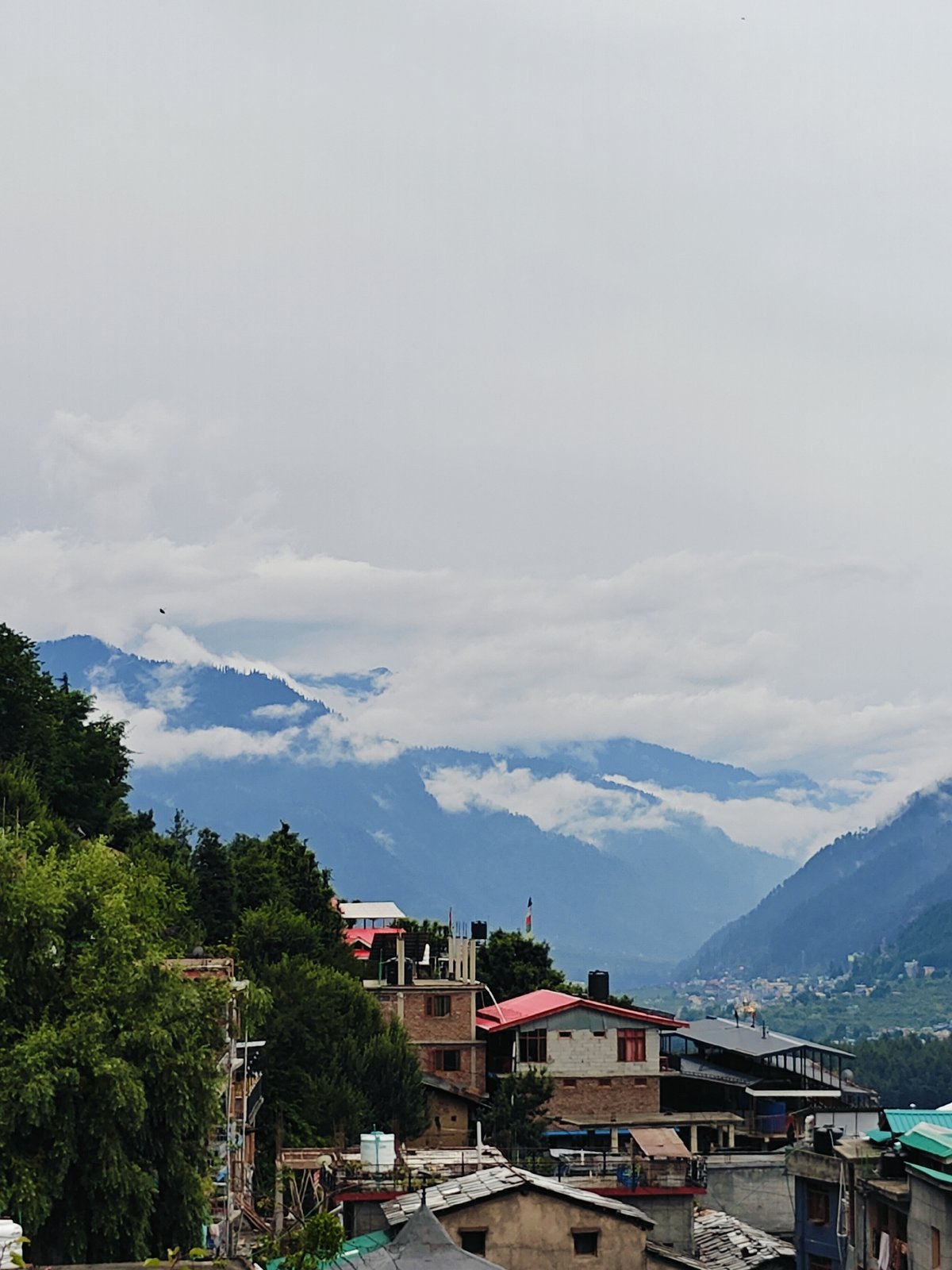 Misty morning in Vashisht, clouds low over the Himalayan valley