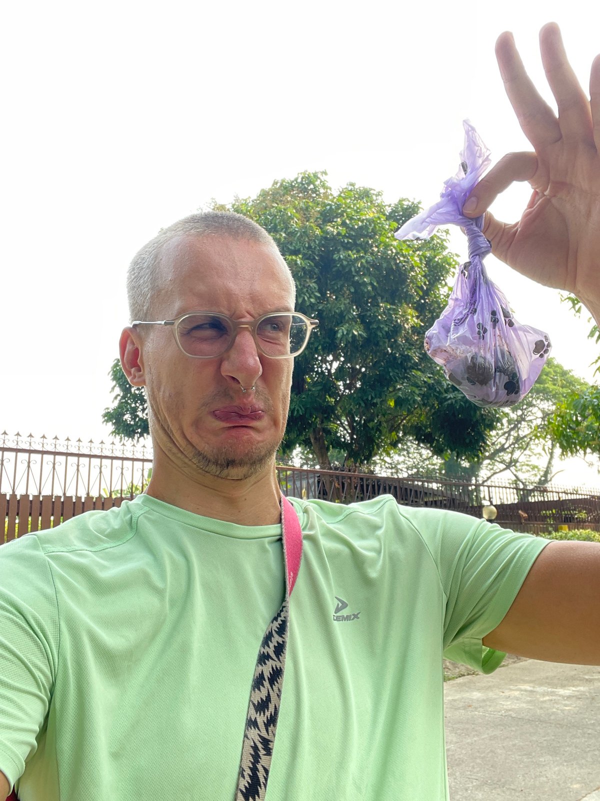 Dog walker cleans up after pet in rural Thailand