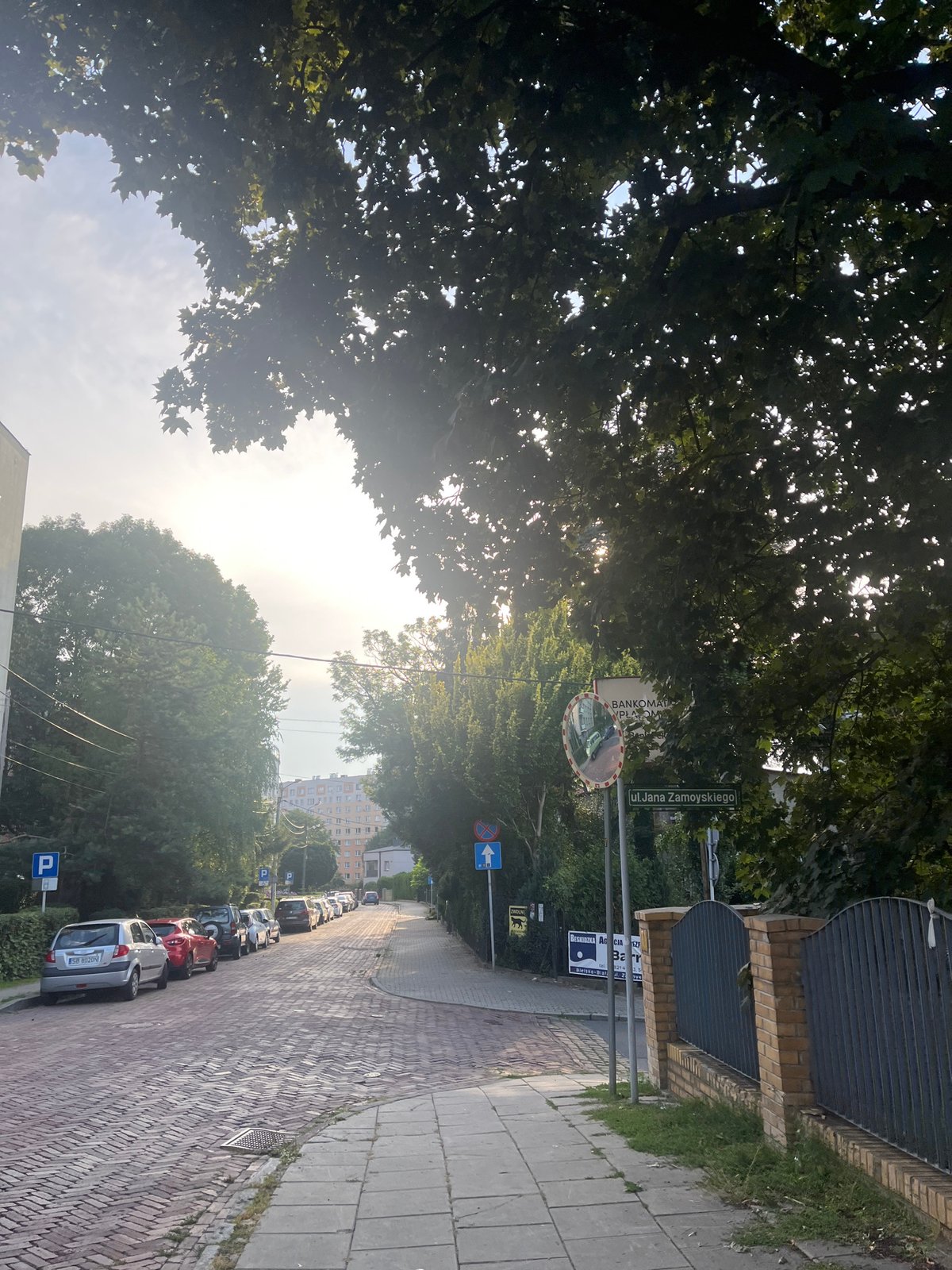Quiet suburban street with parked cars, power lines, and a road closure