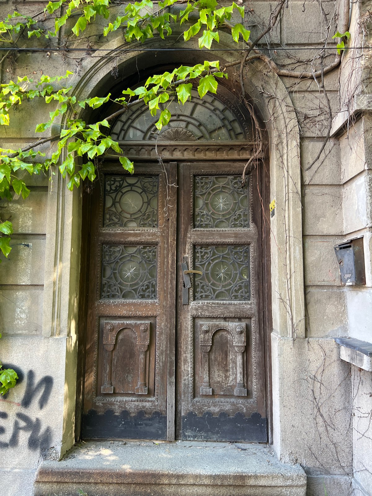 Ornate weathered wooden door documented in Belgrade stone archway