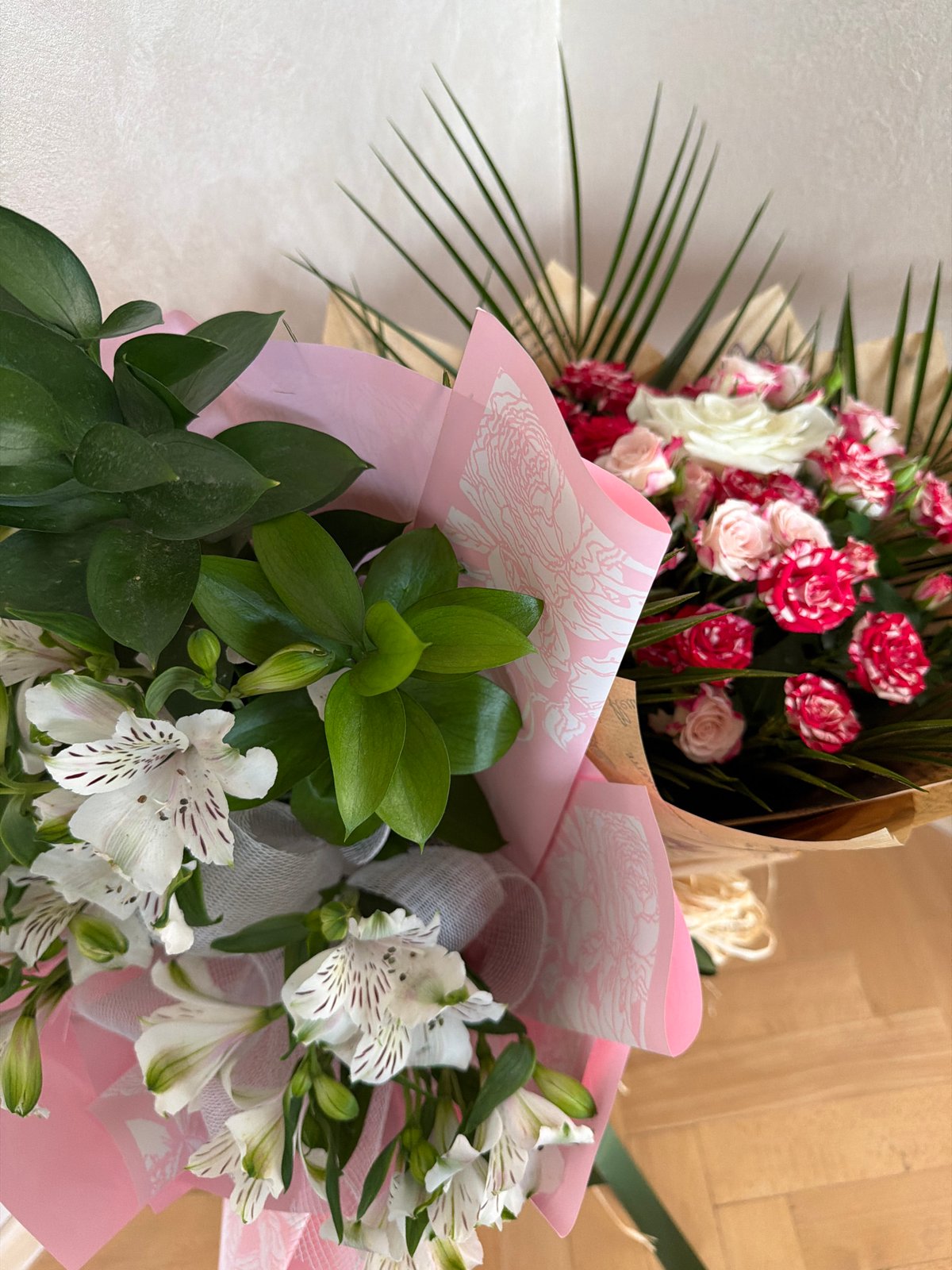 Fresh flower bouquets arranged indoors in Plovdiv, Bulgaria