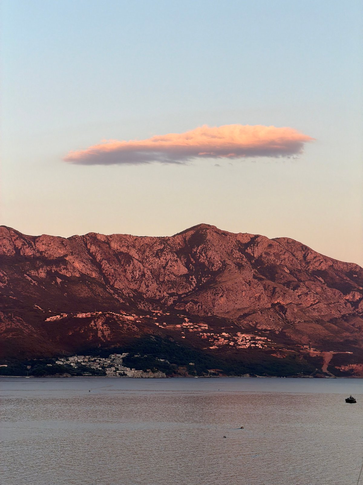 Dusk over Budva's marina and Old Town from above