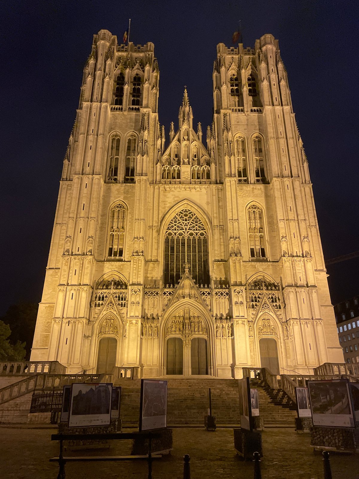 Evening stroll captures illuminated Brussels landmarks and cultural scenes