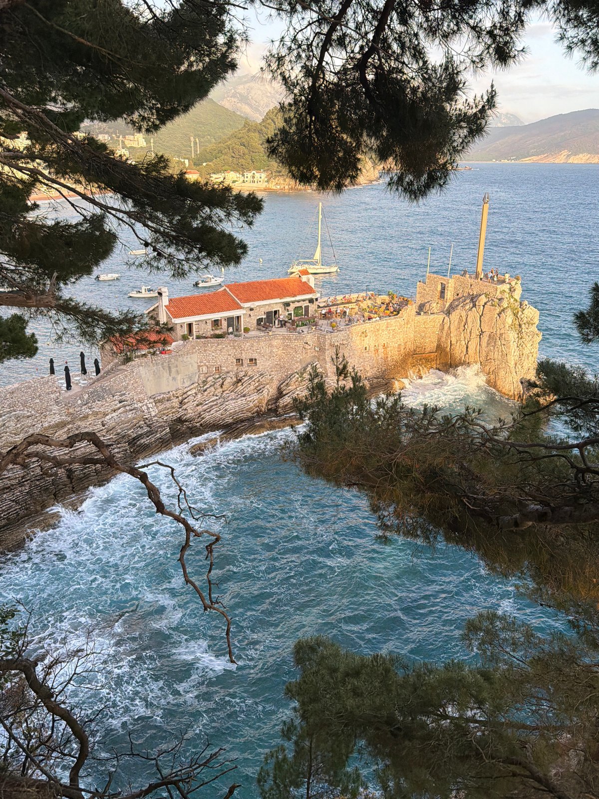 Coastal view of Petrovac peninsula captured from elevated position