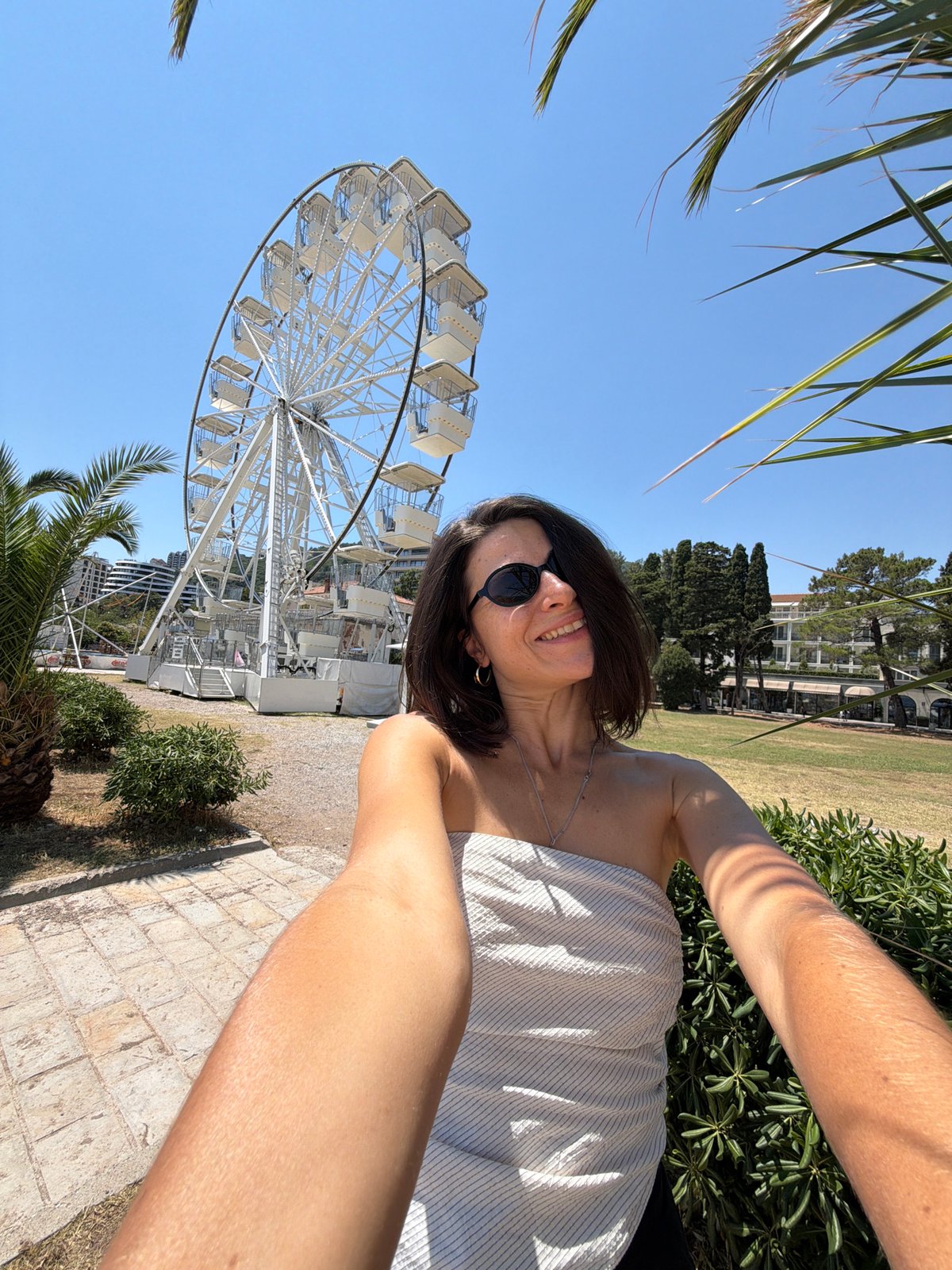 Sunny day out: Ferris wheel, waterfront, and boats