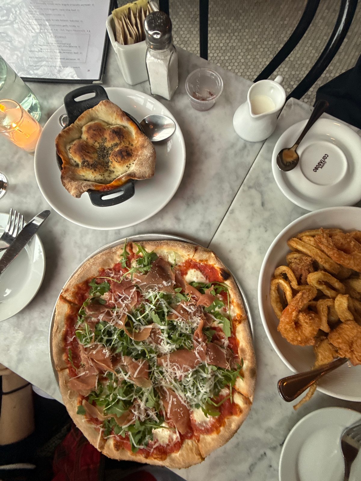 NYC restaurant dinner featuring arugula prosciutto pizza documented