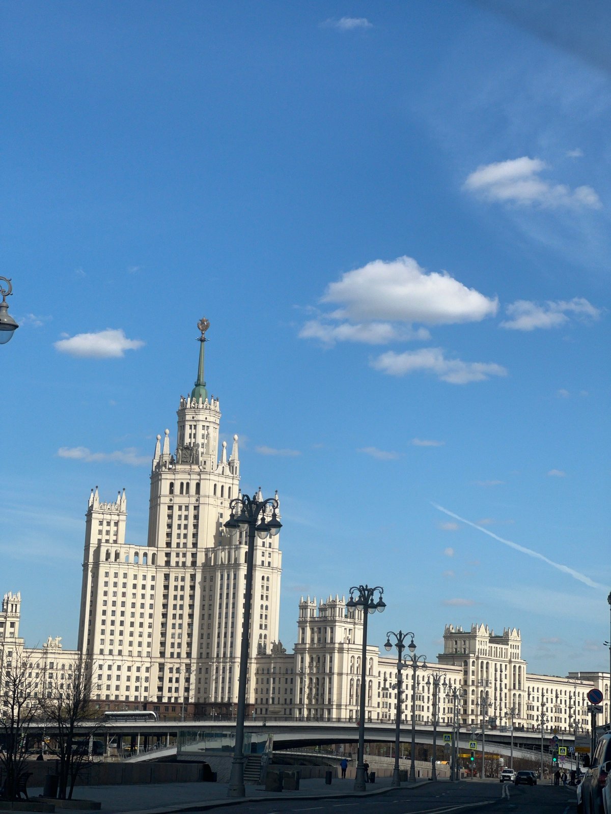 Moscow's Stalinist skyscraper photographed under blue spring sky