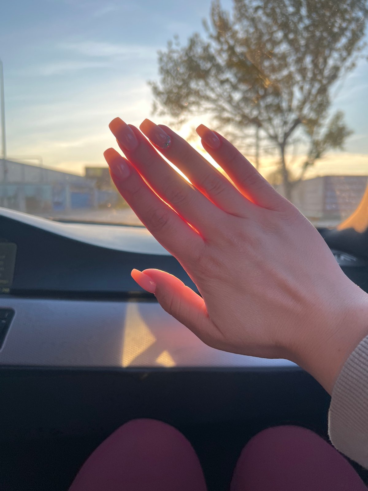 Person photographs manicured hands in golden sunlight, Plovdiv