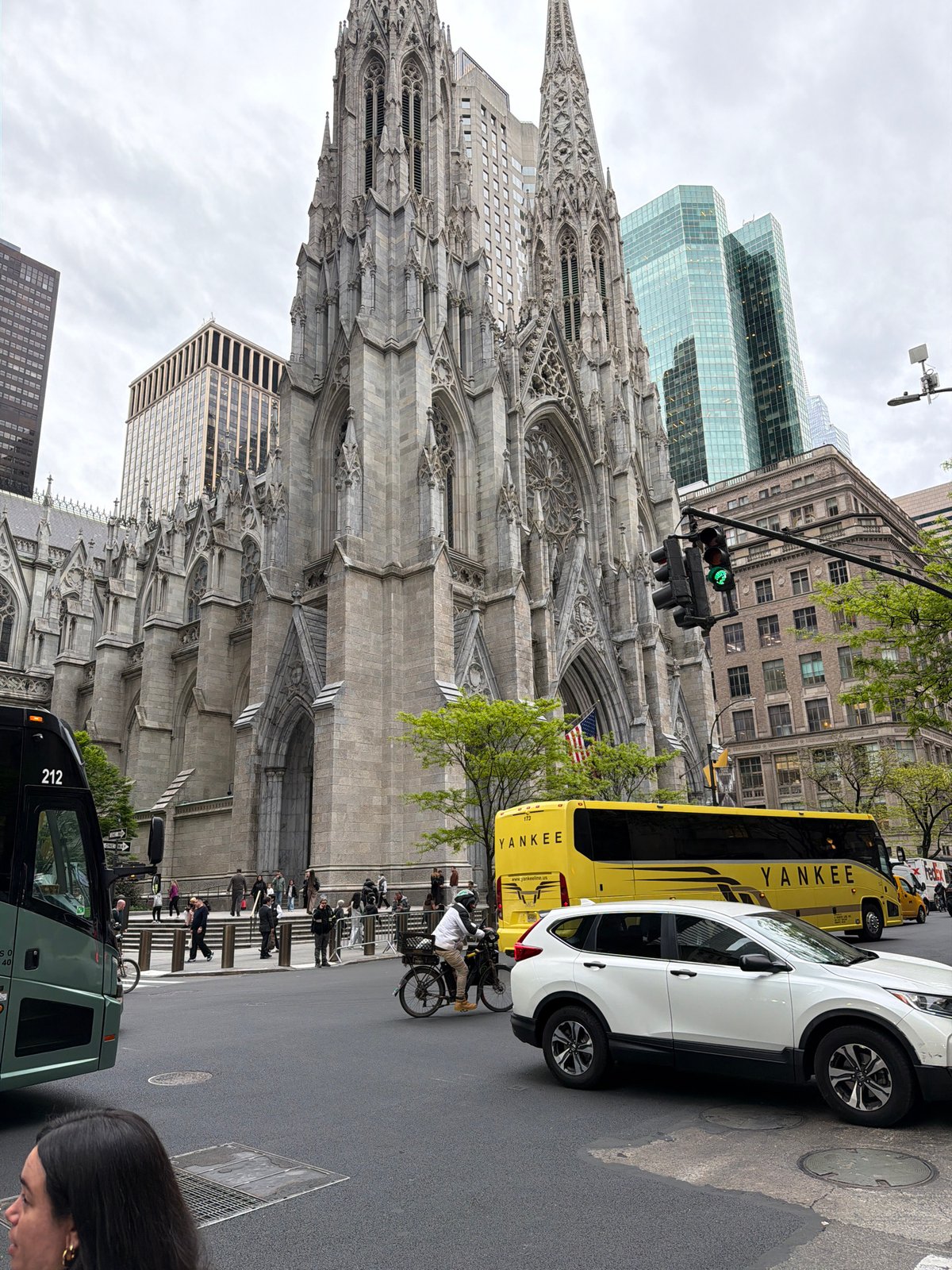 Evening street scenes captured near St. Patrick's Cathedral, Manhattan